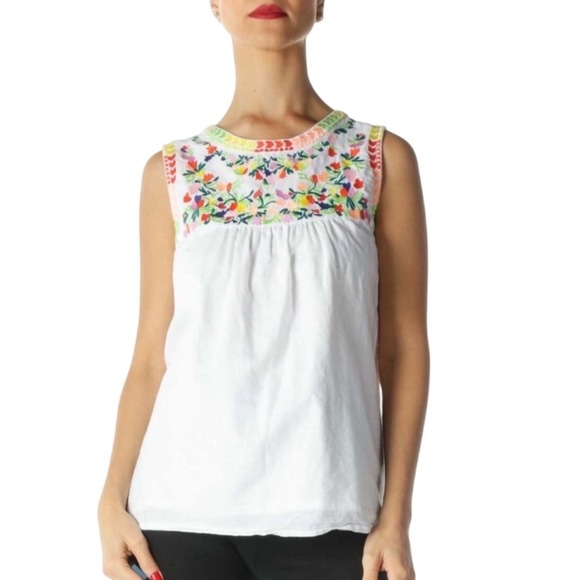 J.Crew Tops - Crew Embroidered Yoke Sleeveless Top Linen Blend Floral Boho Size 2